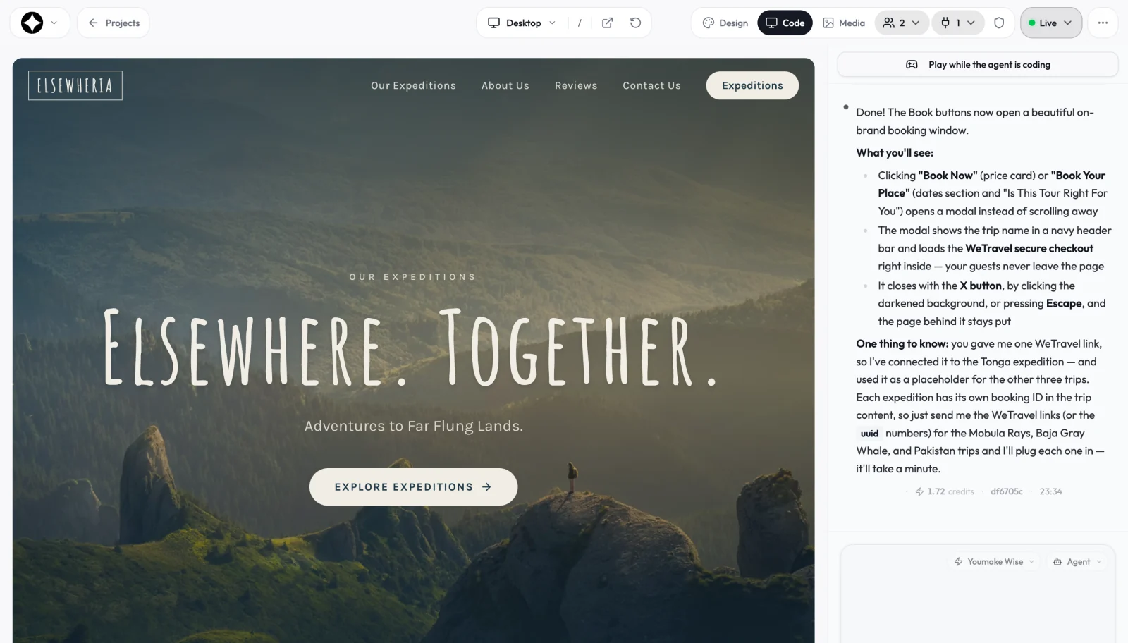 The Youmake workspace: a travel website in the live preview on the left, the agent explaining its latest change on the right