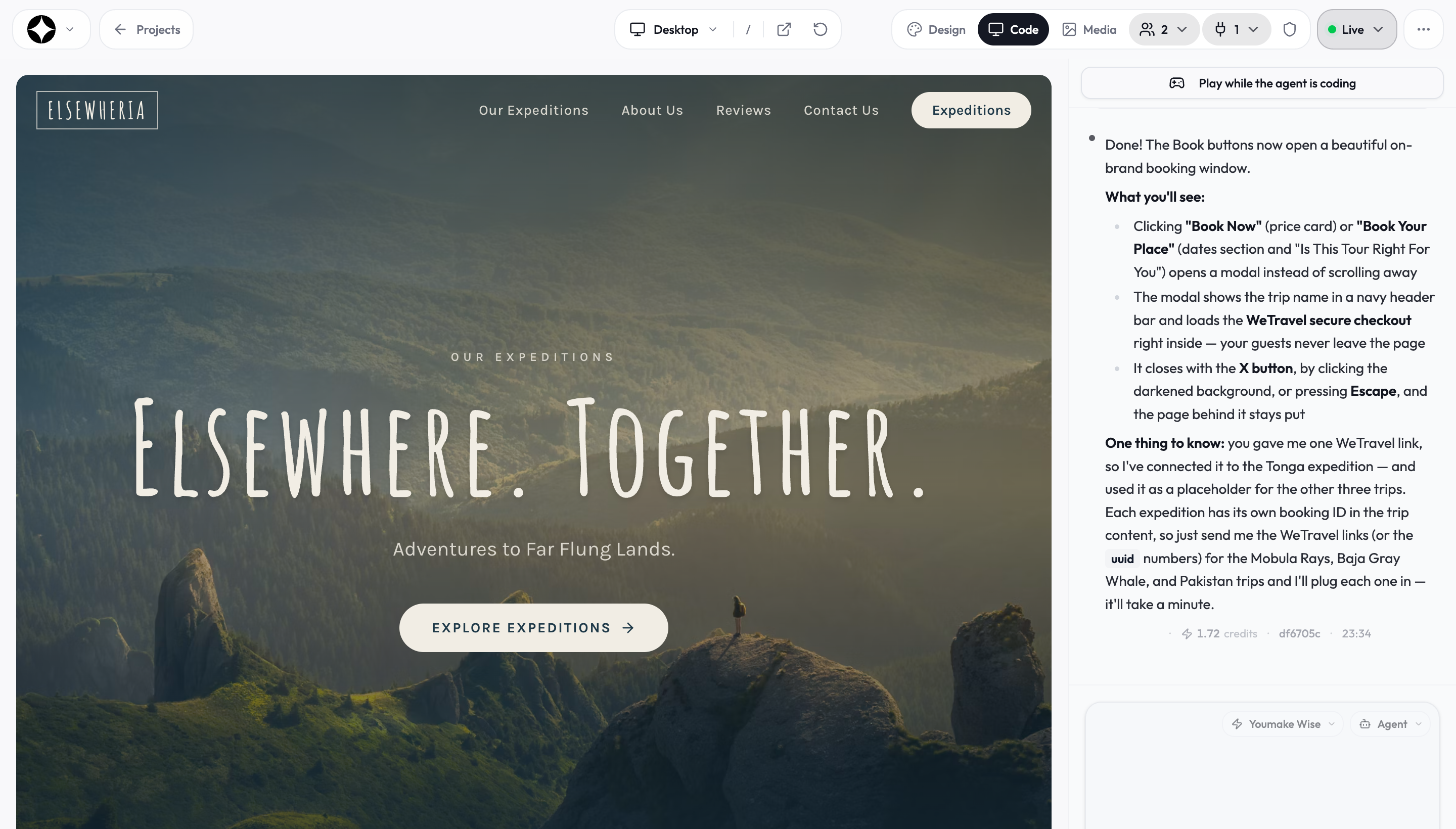 The Elsewheria travel website open in Youmake Studio, with its live preview beside the AI conversation.